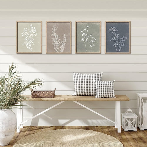 Set 4 Quadri Botanici con Cornici in Noce – Arte Botanica per Soggiorno e Camera