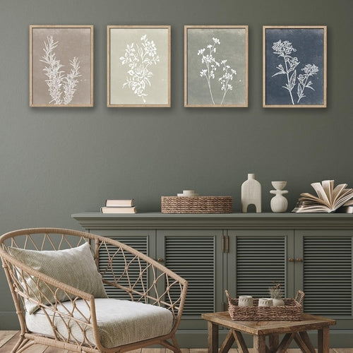 Set 4 Quadri Botanici con Cornici in Noce – Arte Botanica per Soggiorno e Camera