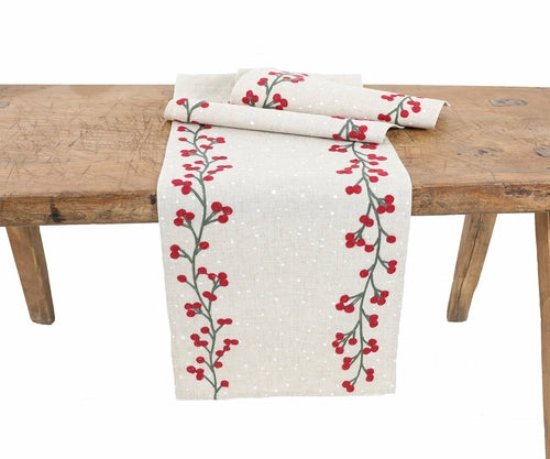 Tovaglia Natalizia Holly Berry con Agrifoglio – Table Runner Ricamato su Lino
